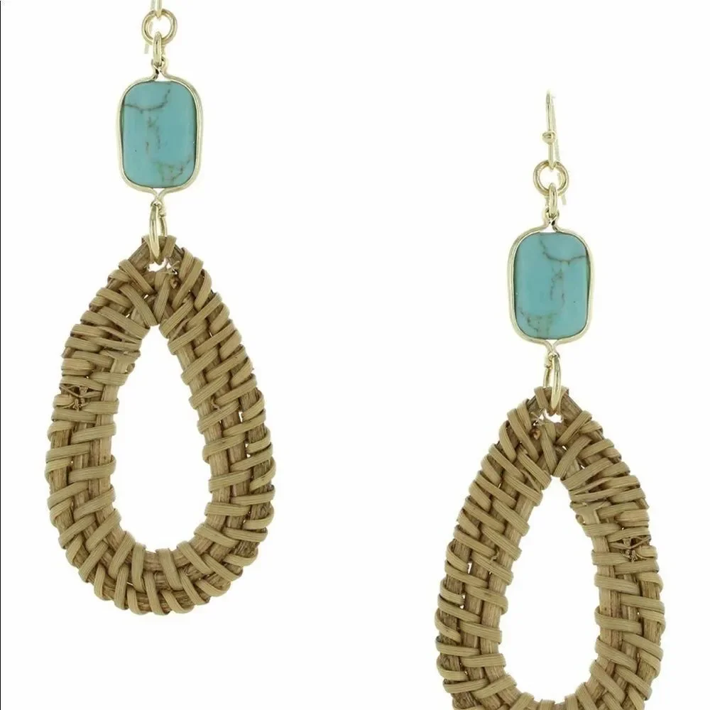 Olivia Welles Sandra Straw‎ Drop Earrings, Tan/Turquoise, NWT